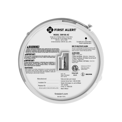 SMI105-AC Interconnectable Ion Smoke Alarm w/10-Year Battery Backup