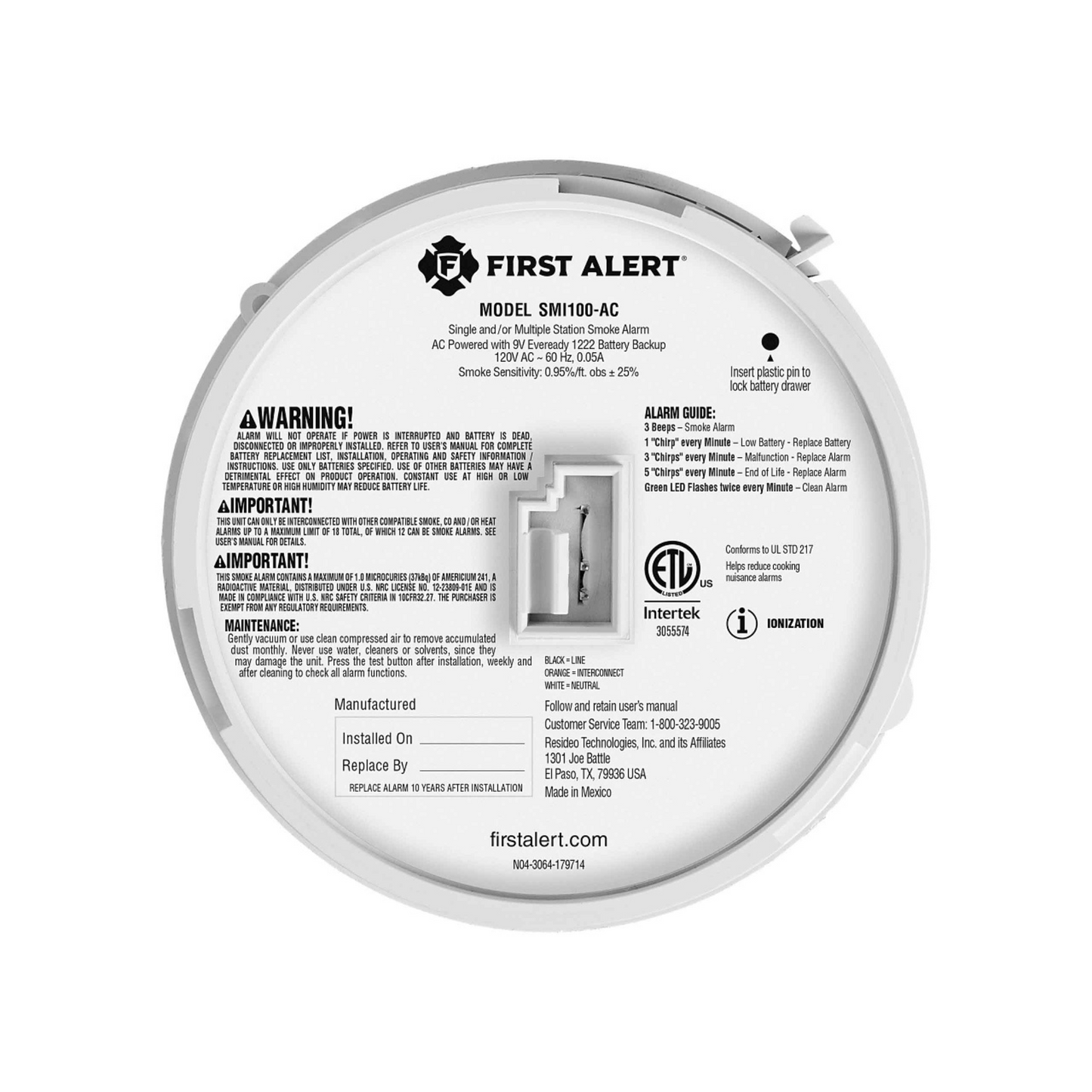 SMI100-AC Interconnectable Ion Smoke Alarm with Battery Backup